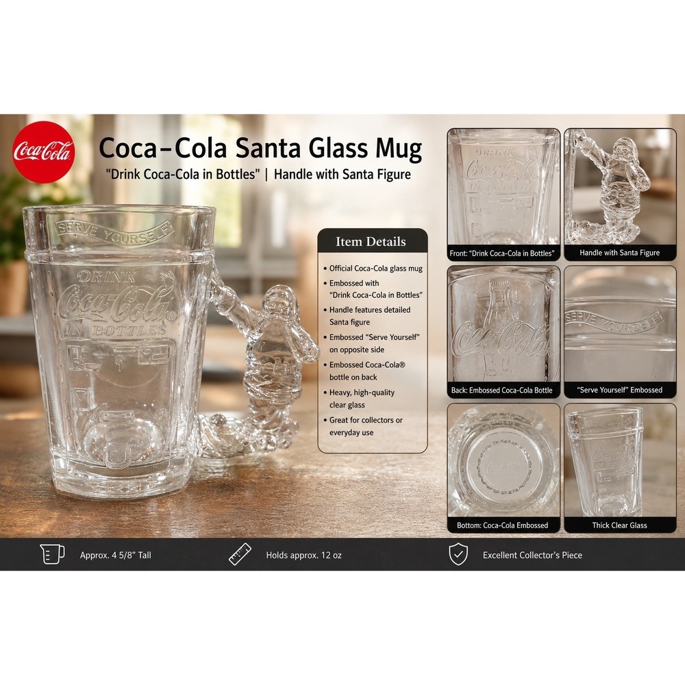Vintage Coca-Cola Santa Claus Handle‎ Glass Mug Vending Machine Embossed Clear